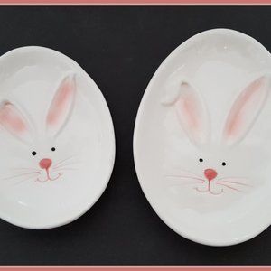NEW Set of 2 Adorable Easter Bunny Face Oval Ceramic Plates